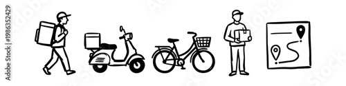 Hand-drawn delivery service icons set including a courier with backpack, scooter, bicycle, delivery man with package, and a map route. Black and white minimalist doodle illustrations on white.