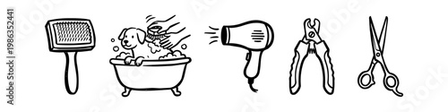 Professional dog grooming tools and service icons. Hand-drawn line art featuring bathtub, brush, dryer, nail clippers, and scissors. Perfect for pet salon branding and animal care themes.