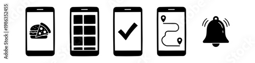 Set of food delivery icons on smartphone screens showing menu selection, order confirmation, GPS tracking, and notification bell. Minimalist black and white vector concept.