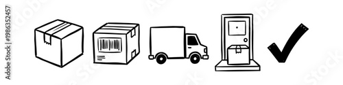 Hand-drawn doodle icons showing the delivery process from packaging to doorstep shipment and a successful delivery checkmark. Minimalist black and white line art sequence for logistics tracking.