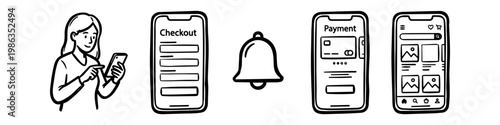 Set of hand-drawn icons illustrating mobile shopping journey: woman using a phone, checkout screen, notification bell, payment gateway, and e-commerce product feed. Minimalist line art style.