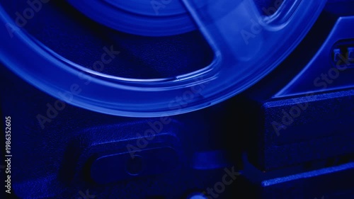 Tape audio music player, VHS studio magnetic tape, vintage retro spool reel to reel player and recorder, magnetic tape data storage close up, music studio. 