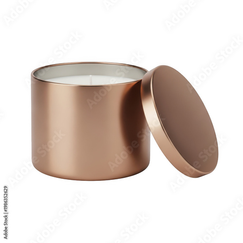 A scented candle housed in a metallic rose gold cylindrical container with a matching metal lid