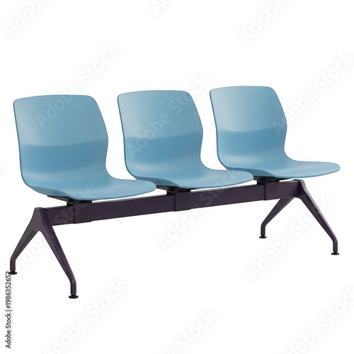 A set of three connected light blue plastic public waiting room chairs with a dark metal frame