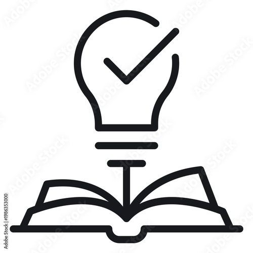 Fotografie Minimalist black vector icon illustration of a lightbulb with a checkmark symbol inside emerging from an open book, symbolizing knowledge, education, learning, and verified creative solutions