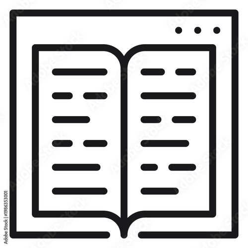 Minimalist black vector icon illustration of an open book inside a digital browser window, symbolizing online reading, e-learning, digital library, and educational technology on a white background.