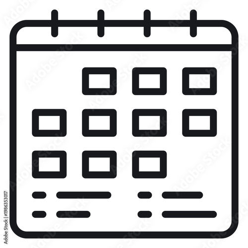 Quadro su tela Minimalist black and white vector line icon of a calendar with a ring binder top and grid layout for dates and appointments, ideal for schedule planning, time management, and event organization