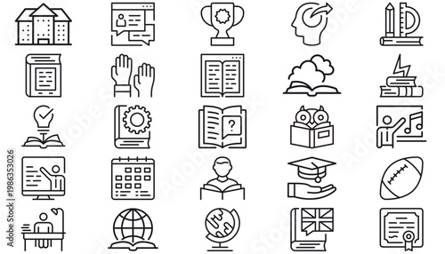 25 Minimalist Black Vector Icon Set Bundle for Education and Business featuring Books, Trophy, School Supplies, E-learning, Online Chat, Calendar, Globe, Certificate, Music, and Study Symbols.