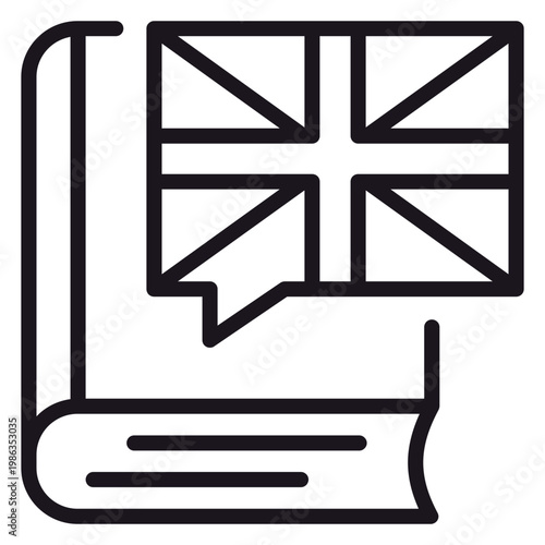 English language learning vector icon illustration featuring a book with a speech bubble containing the United Kingdom Union Jack flag, representing British English education, translation, and study.