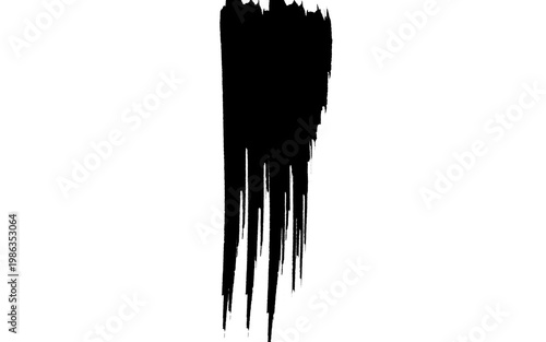 Grunge black ink brush stroke, vertical paint splatter texture on white background, hand drawn artistic calligraphy element for graphic design