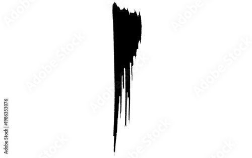 Black ink brush stroke on white background, vertical paint drip texture, artistic calligraphy smear with rough edges and grunge aesthetic
