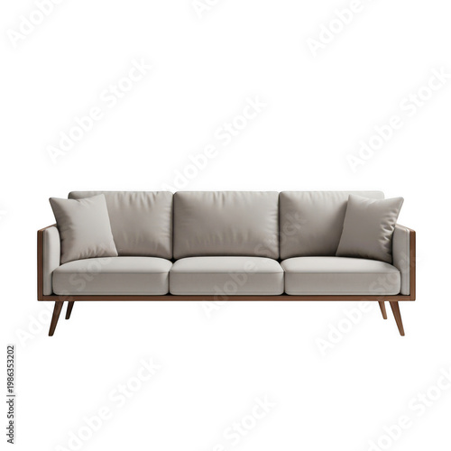 A comfortable mid century modern style three seater sofa with beige upholstery and wood frame
