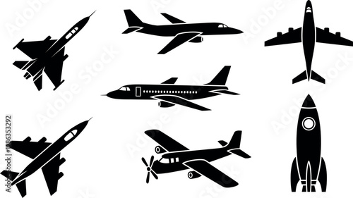 Black silhouette collection of various aircraft and space vehicles