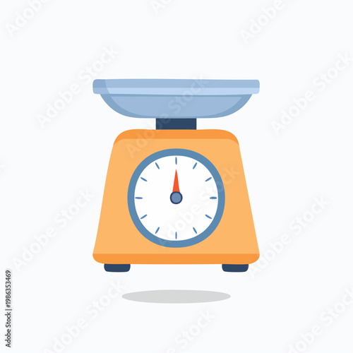 Orange kitchen scale with a blue bowl, analog dial, and measurement symbol