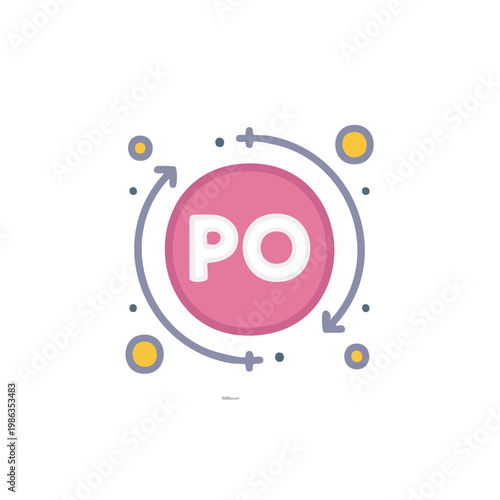 Abstract design with PO abbreviation inside a pink circle surrounded by arrows and dots