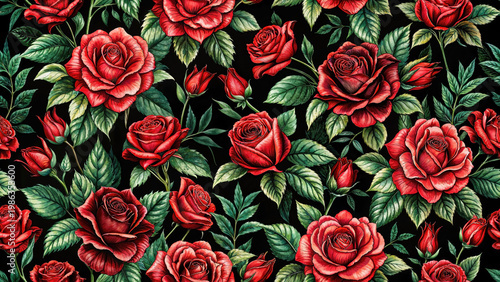 Red roses seamless pattern with lush green leaves on dark background creating romantic botanical textile wallpaper design