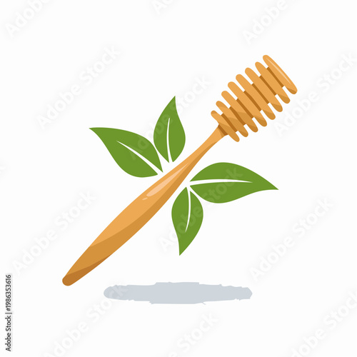 Wooden honey dipper with green leaves illustration for food and nature concepts