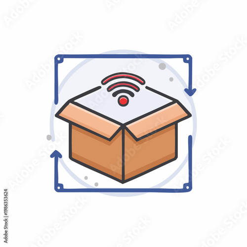 Wifi signal emanating from cardboard box symbolising package delivery