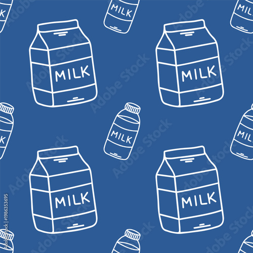 Milk carton and bottle seamless pattern on blue