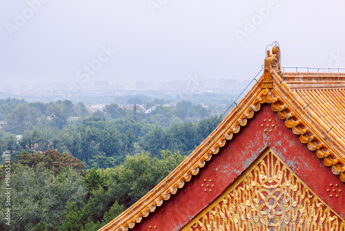 Summer Palace Gable Detail with Landscape View in Beijing China 