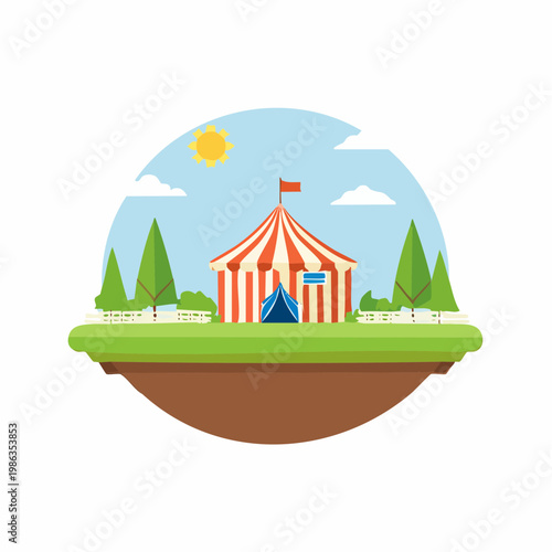 Colorful cartoon illustration of a circus tent under a bright sunny sky