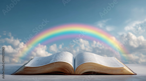 An image of an open Bible and a rainbow against a clear blue sky. The Bible rests on a soft surface. A bright rainbow curves across the blue sky.