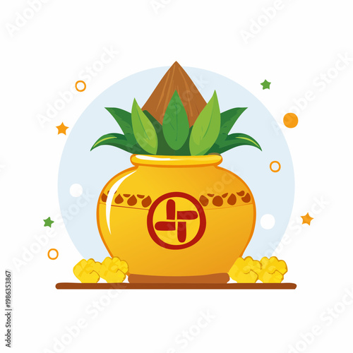 Vibrant illustration of a decorated pot with green leaves and a wooden element, a religious symbol