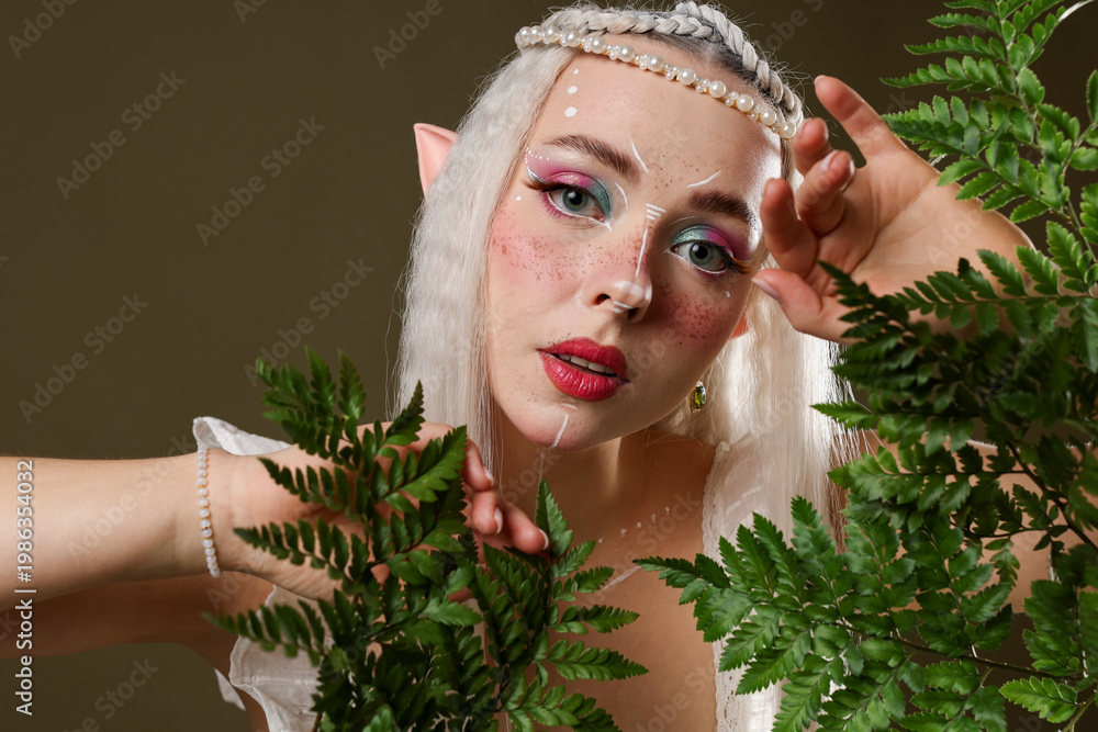 Fototapeta premium Beautiful elf girl with floral decor on dark olive background