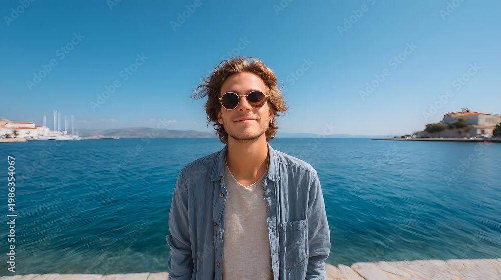 Fototapeta premium A casually dressed man stands on a waterfront walkway enjoying a panoramic view of the clear blue sea and distant coastline