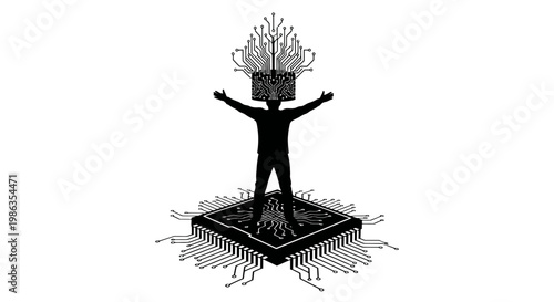 A human figure with a tree growing out of its head standing on a microchip.