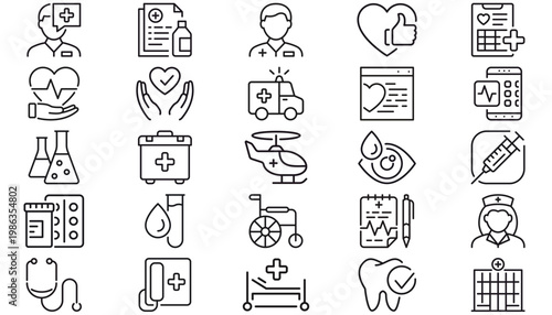 Medical and Healthcare Vector Icon Set: 25 Minimalist Black Line Symbols for Hospital, Clinic, First Aid, Doctor, Nurse, Ambulance, Laboratory, Pharmacy, Dental Care, and Wellness Services.
