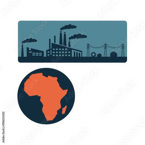 An illustration of industrial Africa with a factory and power lines above a map of the continent