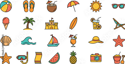 Summer beach vacation vector icons set with travel equipment sand toys and tropical holiday symbols