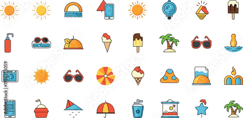 Summer season flat icons collection including sun ice cream sunglasses palm trees and beach activity