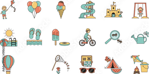 Summer vacation and outdoor recreation icons with children playing and enjoying activities like kite flying and water slides