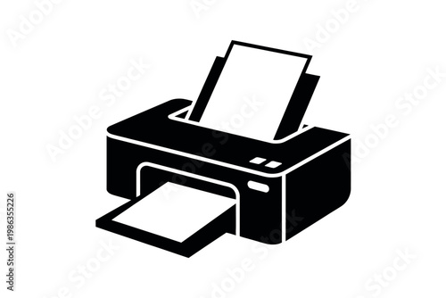 A black and white illustration of a printer with paper in the tray