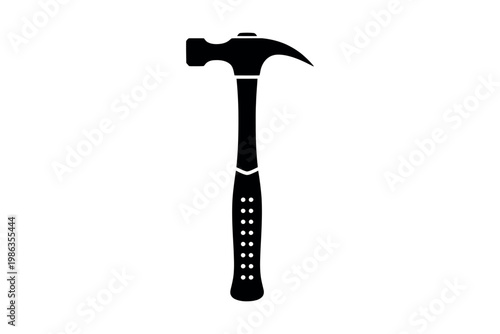 A black silhouette of a hammer with a textured handle on a white background