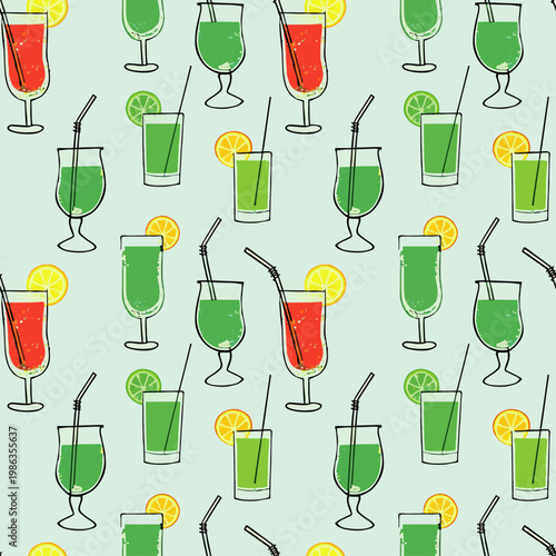  Patrón sin costuras con bebidas verdes y rodajas de limón.
