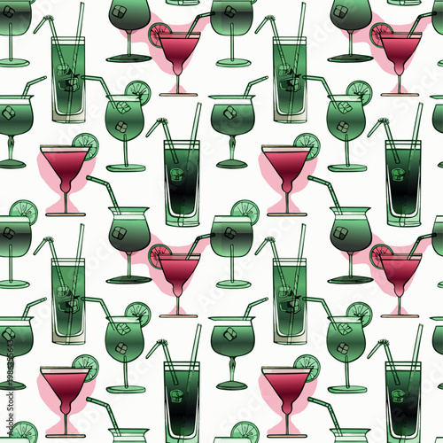  Patrón sin costuras con diferentes copas y bebidas en estilo moderno.
