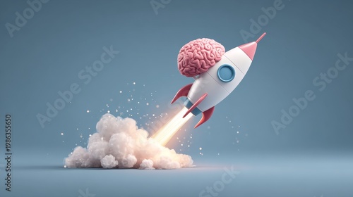 Concept of intellect, intelligence, innovation, and cognitive ability improvement, featuring a cartoon rocket carrying a brain as it flies upward.