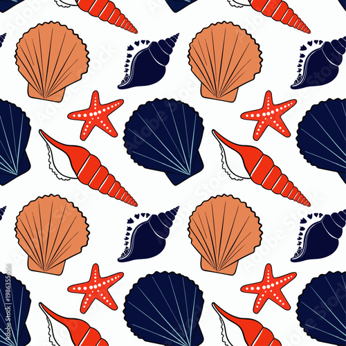  Patrón sin costuras con conchas y estrellas de mar en estilo colorido.
