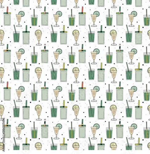  Patrón sin costuras con bebidas en estilo simple y tonos suaves.
