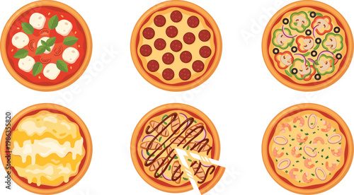 Variety of delicious pizza flat vector illustrations showing different toppings and flavors set on