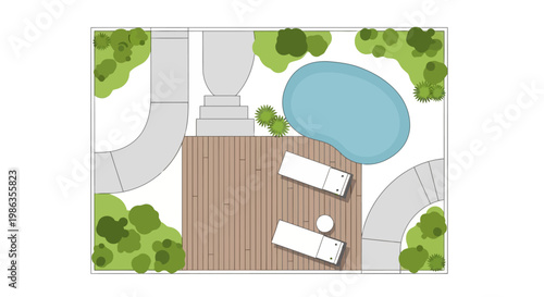 Top view of a backyard with a pool, deck, lounge chairs, and landscaping