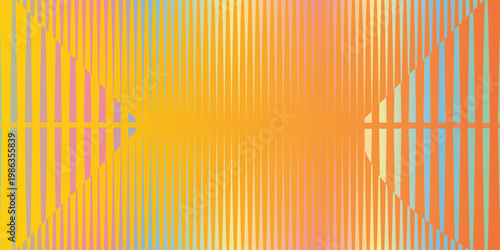 Vibrant colorful striped pattern with gradient effect and abstract shapes in orange, yellow, pink, and blue hues on a multicolored background