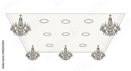 Ceiling with chandeliers and recessed lighting