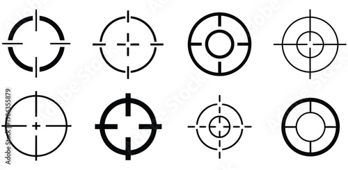 Target icons set gun target focus crosshair reticle viewfinder target destination flat and line style, precision aiming and objective tracking concept vector