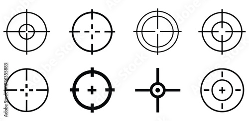 Target icons set gun target focus crosshair reticle viewfinder target destination flat and line style, precision aiming and objective tracking concept vector
