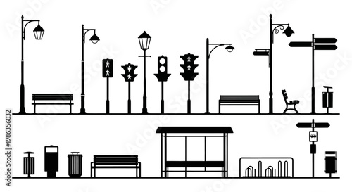 Set of street furniture silhouettes including benches, street lamps, traffic lights, bus stop and trash cans