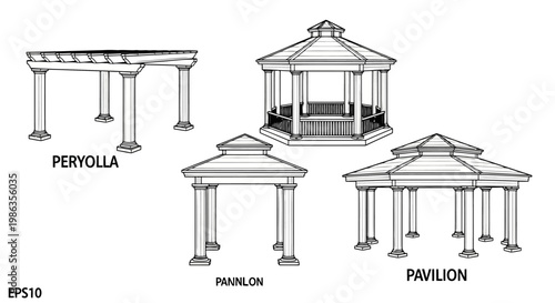 Set of architectural structures, pergola, gazebo and pavilion for garden design